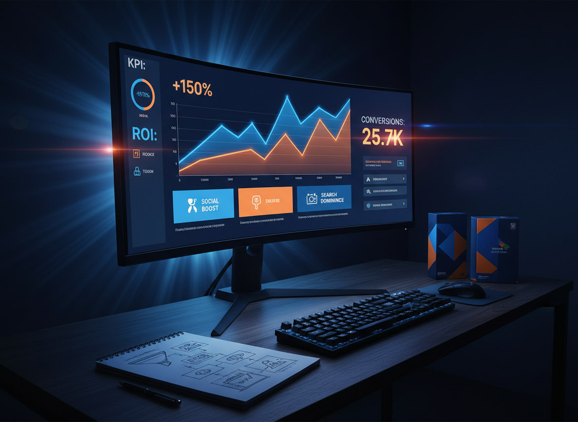A dramatic close-up of a glowing digital marketing dashboard on a large ultra-wide monitor, showing sharp, rising graphs, bold KPI numbers, and vibrant campaign tiles in electric blues and fiery oranges. The monitor sits on a dark wooden desk with a minimal keyboard, a notepad with sketched funnel diagrams, and branded packaging mockups. The room is dim, lit primarily by the cool light of the screen and a subtle strip of neon accent lighting behind the monitor, creating a halo effect. Captured from a slightly low angle with cinematic, photographic realism, emphasizing the towering screen and its upward metrics. The atmosphere is intense, data-driven, and confident, embodying performance and measurable results.