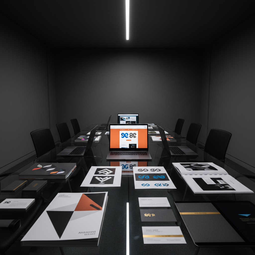 A sleek web and branding design review scene without people, featuring a large glass conference table covered in printed brand style guides, logo explorations, and high-end business card mockups with metallic foil details. Several laptops and tablets display responsive website layouts with bold typography and high-contrast color palettes. The setting is a dark, modern office with matte charcoal walls and a single long LED strip light overhead, casting clean, linear reflections across the glass surface. Captured from a slightly elevated angle with a medium depth of field, ensuring both digital screens and printed materials are in focus. The mood is high-stakes, premium, and design-obsessed, rendered in crisp photographic realism that communicates authority and refined taste.