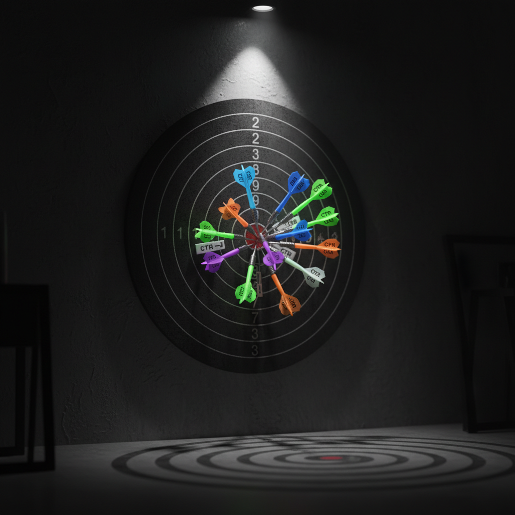 A high-impact visual metaphor for targeted advertising: a matte-black dartboard mounted on a deep charcoal wall, with multiple neon-colored darts embedded tightly in the red bullseye, each dart labeled with tiny, sharp campaign tags like “ROAS”, “CTR”, and “CPA”. The floor is polished concrete with faint reflections of the board’s circular pattern. A single spotlight from above creates a tight cone of bright light on the bullseye, leaving the edges of the scene in subtle darkness. Captured from a close, slightly off-center angle, the composition emphasizes accuracy and focus, with shallow depth of field that blurs the outer rings. The mood is bold, confident, and relentlessly results-oriented, rendered in dramatic photographic realism.
