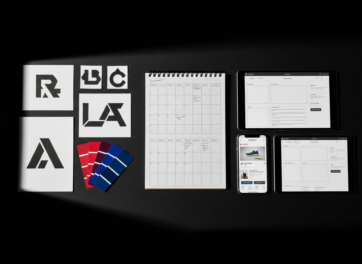 A flat-lay composition on a jet-black background showing the complete arsenal of a performance marketing agency: bold logo sketches on crisp white paper, color swatch cards in saturated reds and deep blues, an open notebook with neatly drawn content calendars, a smartphone displaying a targeted ad interface, and a tablet with wireframes of a modern landing page. Hard, directional studio lighting from the left creates strong contrasts and long, dramatic shadows, emphasizing edges and textures. Shot from a bird’s-eye view with sharp focus across the entire frame, the mood is bold, precise, and meticulously organized. The photographic realism and minimalist composition highlight clarity, strategy, and creative power.