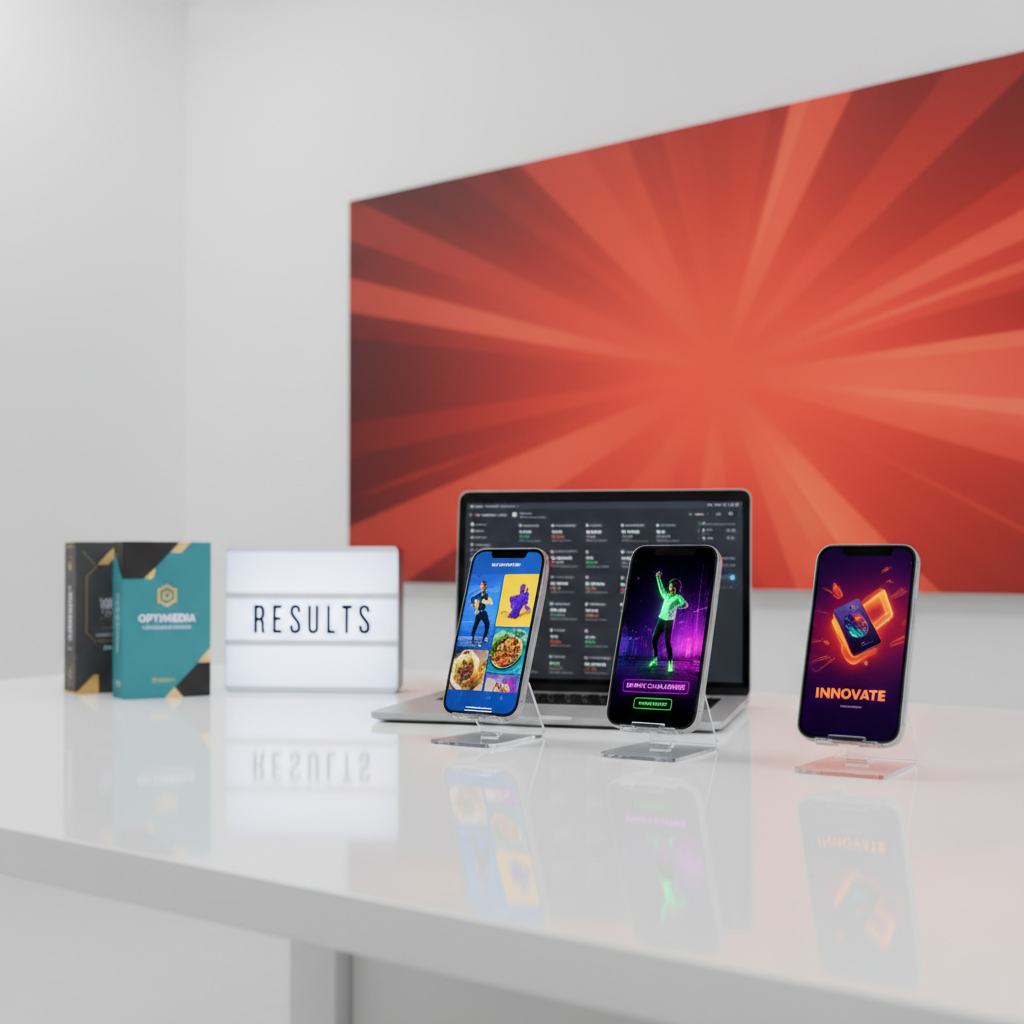 An energetic social media content creation setup on a bright, glossy white desk, featuring multiple smartphones mounted on minimalist stands, each showing different ad creatives, carousels, and short-form video thumbnails in bold, saturated colors. Nearby, a laptop displays a grid of scheduled posts and performance metrics, while branded packaging and a small lightbox with the word “RESULTS” glow on the side. The environment is a clean studio space with white walls and a vivid colored accent panel in a powerful red-orange tone. Strong, diffused front lighting removes harsh shadows while keeping colors punchy. Shot at a three-quarter angle with shallow depth of field, the overall mood is fast-paced, experimental, and highly optimized, with a crisp, modern photographic aesthetic.