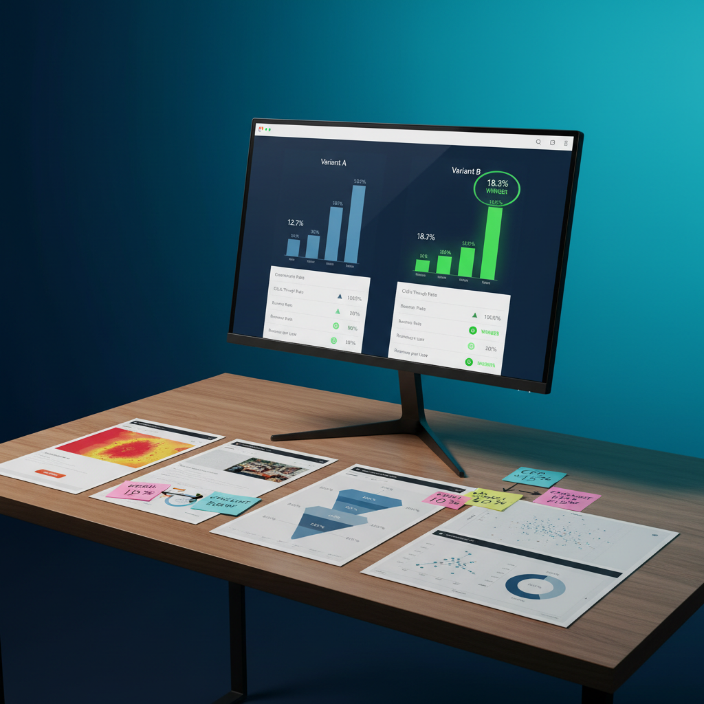 A powerful visual for web performance and conversion optimization: a sleek, frameless monitor on a minimalist black metal stand, displaying an A/B testing dashboard with clear winning variants highlighted in vivid green. On the desk below, printed heatmaps, funnel diagrams, and sticky notes marked with conversion percentages are arranged in a deliberate grid. The background is a gradient wall transitioning from deep navy to electric teal, adding energy without distraction. Soft, directional studio lighting from the right creates crisp edges and gentle shadows. Shot from a slightly elevated, three-quarter angle with moderate depth of field, the image feels analytical yet dynamic. The photographic realism and high contrast communicate precision, experimentation, and measurable growth for ambitious brands.