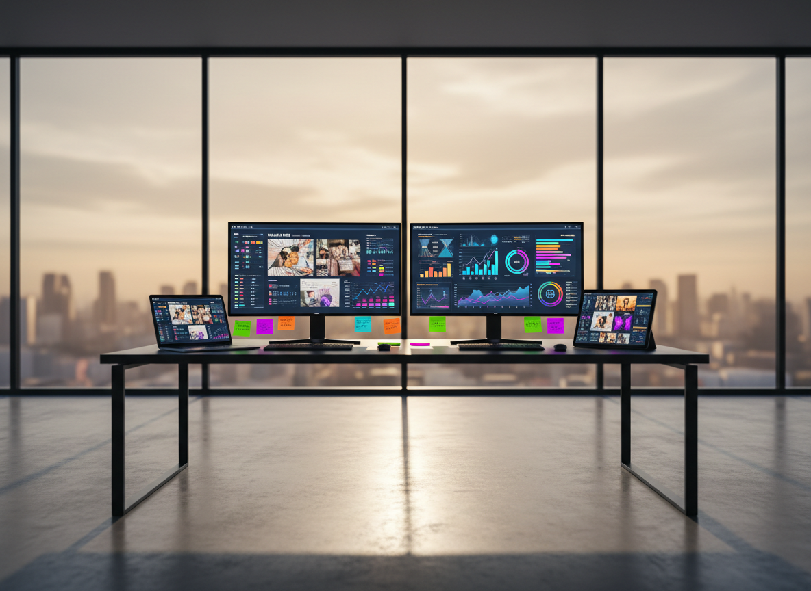 A bold, ultra-modern marketing agency workspace without people, featuring a large matte-black desk covered with neatly arranged tools of the trade: dual 4K monitors displaying colorful analytics dashboards, a sleek silver laptop with open brand mood boards, vivid sticky notes, and a tablet showing social media ad creatives. The room has floor-to-ceiling windows overlooking an abstract, softly blurred cityscape. Late afternoon golden light pours in, creating sharp, dramatic contrasts and reflections on the polished concrete floor. Shot at eye level with a shallow depth of field to keep the devices in crisp focus and the background smoothly blurred. The mood is powerful, results-driven, and high-tech, with photographic realism and a clean, vibrant, contemporary aesthetic.